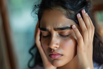 Fototapeta premium Closeup view frown face of indian woman feeling strong headache touch temple to reduce severe pain, suffering from panic attack in office, migraine overworked person or hangover alcohol abuse concept
