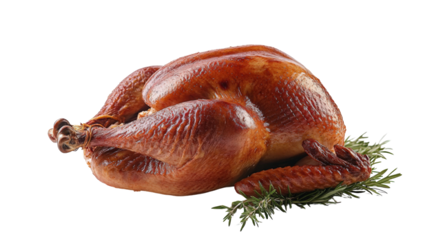 A beautifully roasted turkey garnished with fresh herbs, perfect for festive meals.