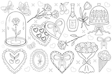 Valentine's Day line art hand drawing collection. girly coquette y2k aesthetic set, elegant vintage accessory. Lovely cute collection, red cherrie, pink ribbon, bow, heart, cupid. Vector illustration