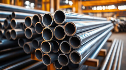 A collection of metal pipes stacked closely together, showcasing their circular openings, set in a large industrial warehouse environment.