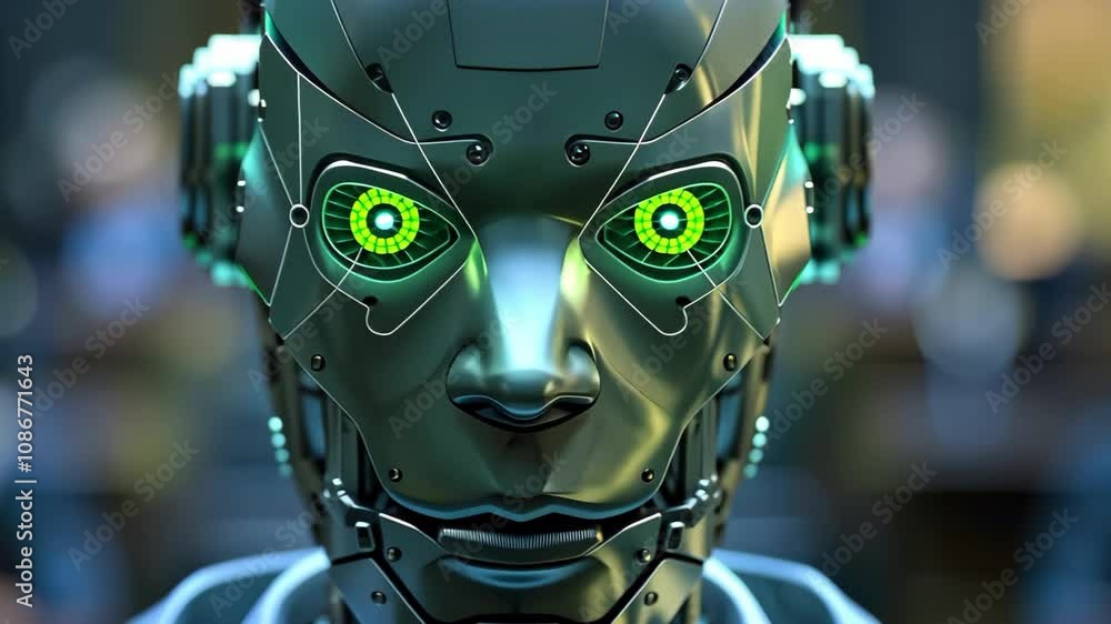 Poster a futuristic robot with glowing green eyes, featuring a metallic design, appears in a setting with p