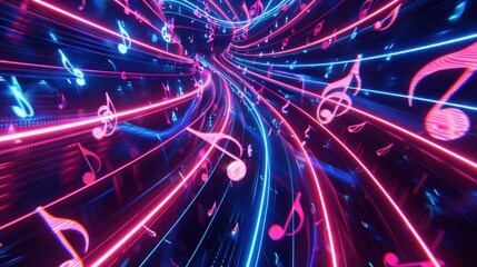Abstract representation of vibrant musical notes flowing through a dynamic neon tunnel, creating an energetic and captivating visual experience for music and art lovers.