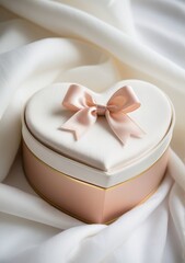 Heart-shaped gift box in soft pastels with a delicate bow, nestled on a fluffy white fabric for a cozy and romantic touch