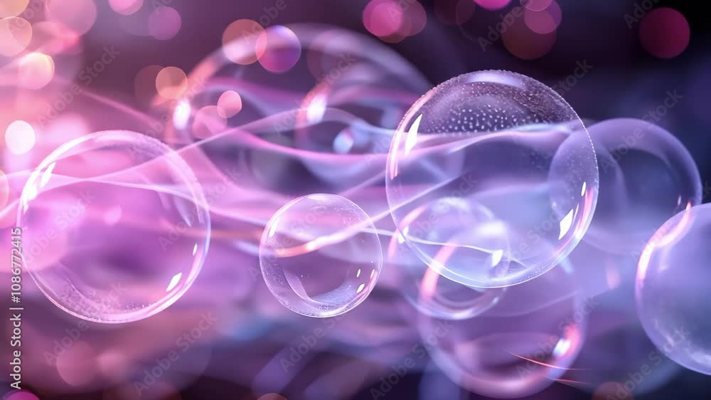 Poster a dreamy abstract scene featuring colorful bubbles floating amidst flowing light waves in soft hues 
