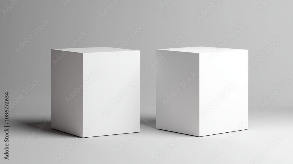 Poster two simple white cubes arranged on a minimalistic gray background showcasing modern design and abstr