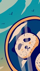 cute panda cartoon illustration on teal sky with cloud