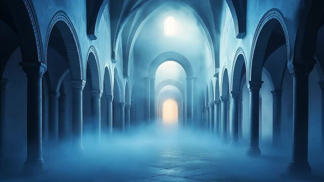 A long, mysterious hallway with arched ceilings and pillars bathed in blue light and fog.