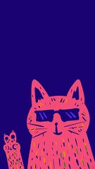 A pink cat wearing sunglasses gives peace sign on dark blue.