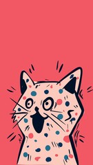 A pink spotted cat joyfully looks upward on red. background