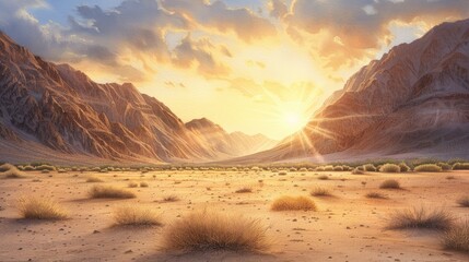 Naklejka premium A breathtaking desert landscape at sunset, featuring mountains, golden light, and gentle sand dunes, evoking a sense of tranquility and natural beauty.