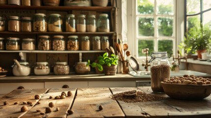 Cozy kitchen with jars and ingredients on wooden table, sunlight streaming through the window, creating a warm atmosphere.