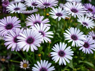 Close-up shot of a vibrant bunch of white and purple daisies blooming in a garden, white, petals, floral