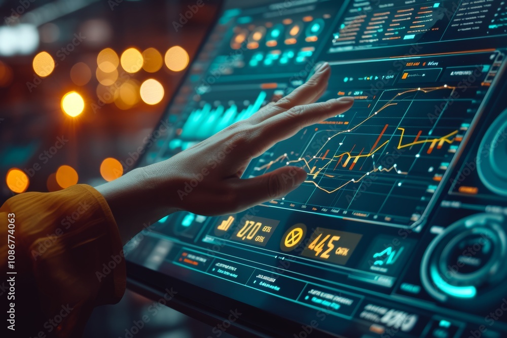 Poster advisor analyzing business finance data through a kpi dashboard on a virtual screen in a modern offi