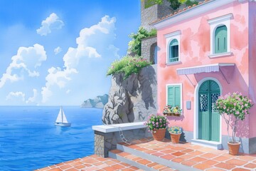 Fototapeta premium A serene coastal scene featuring a pastel pink house, lush greenery, and a sailboat on a tranquil sea under a bright blue sky with fluffy clouds.