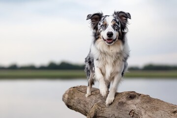 Fototapeta premium Australian Shepherd Jumping Over a Log