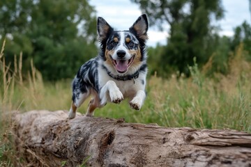 Australian Shepherd Jumping Over a Log