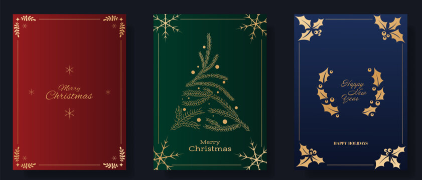 Christmas and New Year greeting card set. Blue, red, and green backgrounds feature gold accents, including snowflakes, pine branches forming a tree, and holly wreaths