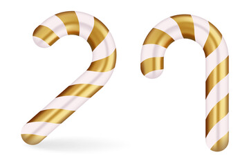 White and gold candy cane illustration. Elegant striped design with a luxurious appearance, perfect for Christmas decorations and sophisticated holiday themes.