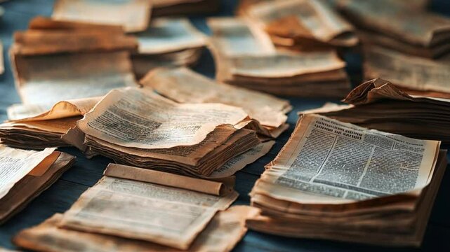 A stack of old, worn books lay open on a blue surface. The pages are yellowed and creased with age.