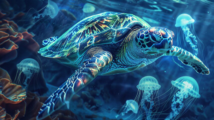 Fototapeta premium Neon Sea turtle in the sea underwater