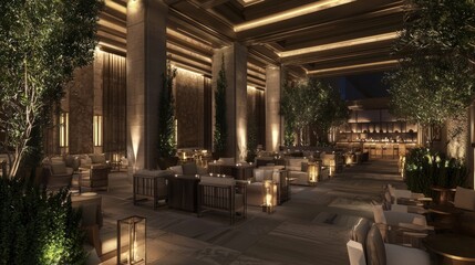 Fototapeta premium Luxurious Roman-Inspired Outdoor Terrace with Stylish Furniture, Decorative Plants, and Ambient Lighting for Relaxation and Social Gatherings