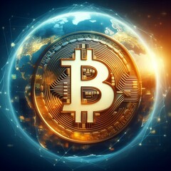 A Bitcoin symbol superimposed on a world globe, representing global cryptocurrency markets.