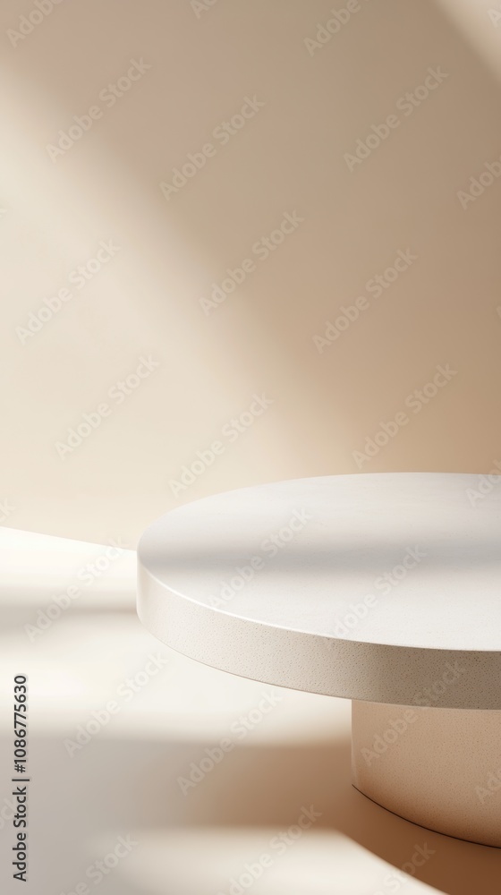Poster minimalist circular table casting shadows in soft light during the afternoon in a contemporary inter