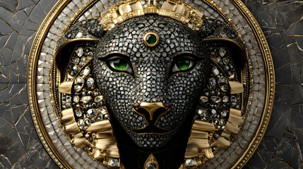Luxury Fashion Design of a Sphinx Face Adorned with Cartier Jewelry Accents in Radiating Gold and White Diamonds