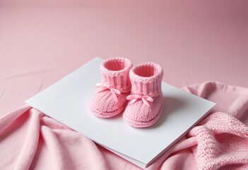 blank paper with baby knitted pink booties on baby sheet for congratulations on the newborn, greeting card design