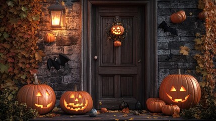 Obraz premium Halloween Doorway Decorated with Jack-o-Lanterns and Bats