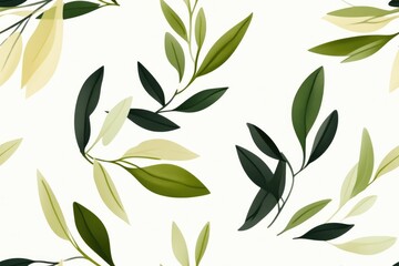 Seamless pattern of olive leaves in green and beige tones, providing a natural and soft Mediterranean-inspired background...