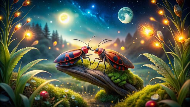 Captivating Night Photography of Lovebugs in a Romantic Setting Under the Stars, Showcasing Their Unique Characteristics and Enchanting Glow Amidst Nature's Beauty