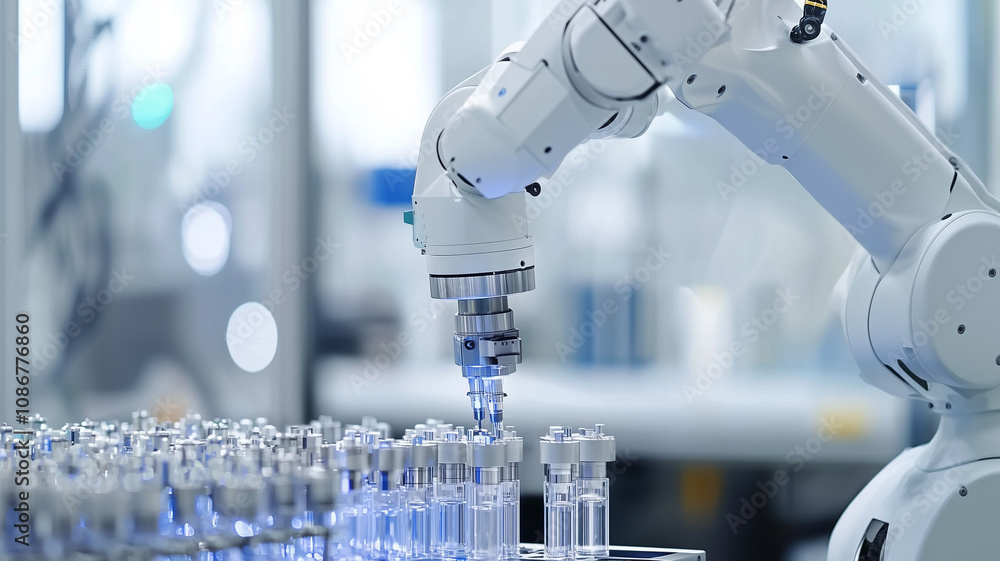 Poster robotic arm efficiently handles test tubes in modern laboratory setting, showcasing advanced automation technology. precise movements highlight innovation in industrial applications