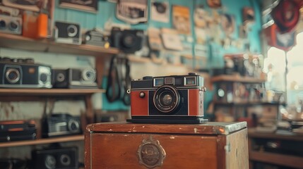 48. A podium showcasing a vintage camera, surrounded by nostalgic decor in a retro electronics shop
