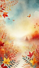 Autumn Watercolor Landscape Fall Leaves Butterfly Peaceful Nature Scene