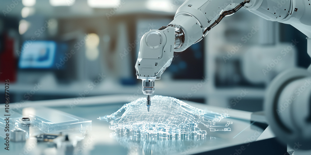 Poster robotic arm in futuristic art studio is meticulously creating digital sculpture, showcasing advanced