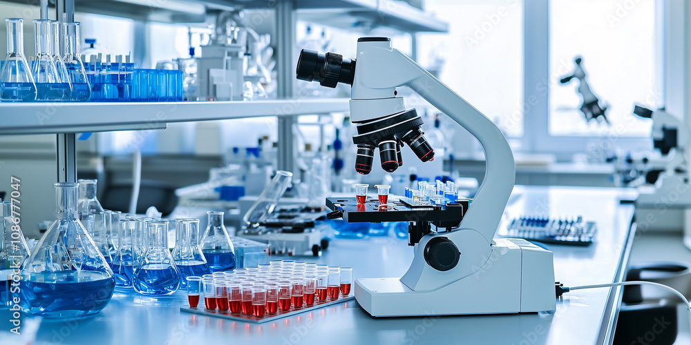 Poster modern laboratory with microscope and various glassware, including test tubes and beakers, used for 