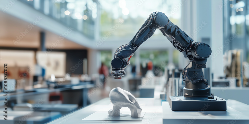 Poster robotic arm in futuristic art studio is creating sculpture, showcasing advanced technology and creat