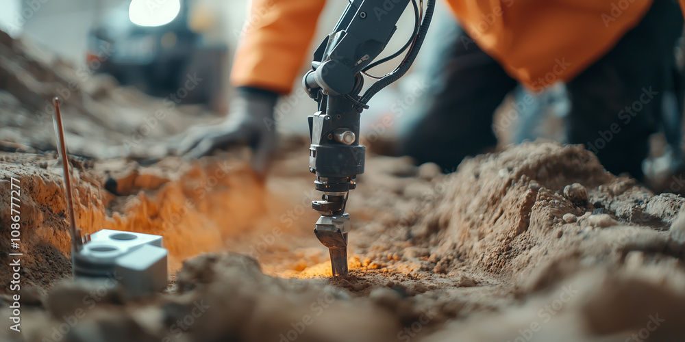 Poster robotic arm carefully excavates at high tech archaeology site, uncovering ancient artifacts with pre