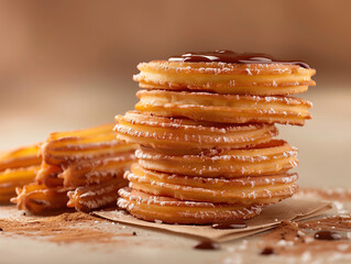 Golden churros close up photo on beige background with sugar dust