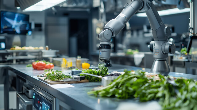 robotic arm in high tech culinary school kitchen prepares fresh ingredients, showcasing innovation in cooking technology. modern setting highlights advanced culinary techniques