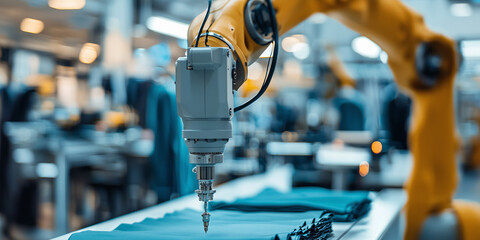 robotic arm in high tech fashion studio designs garments with precision, showcasing advanced technology in textile manufacturing. environment is modern and innovative
