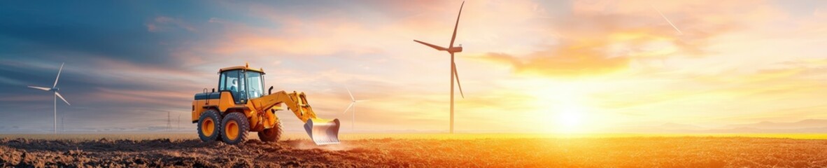 Fototapeta premium Excavator on Field with Wind Turbines at Sunset