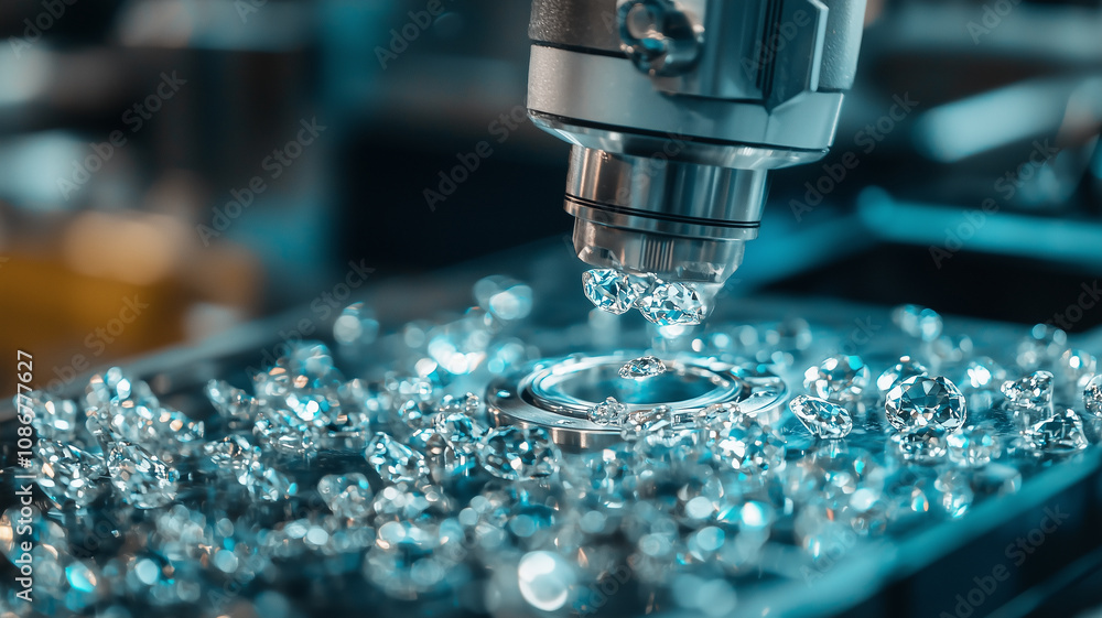 Poster robotic arm in high tech jewelry workshop precisely crafts diamond ring, surrounded by sparkling gem