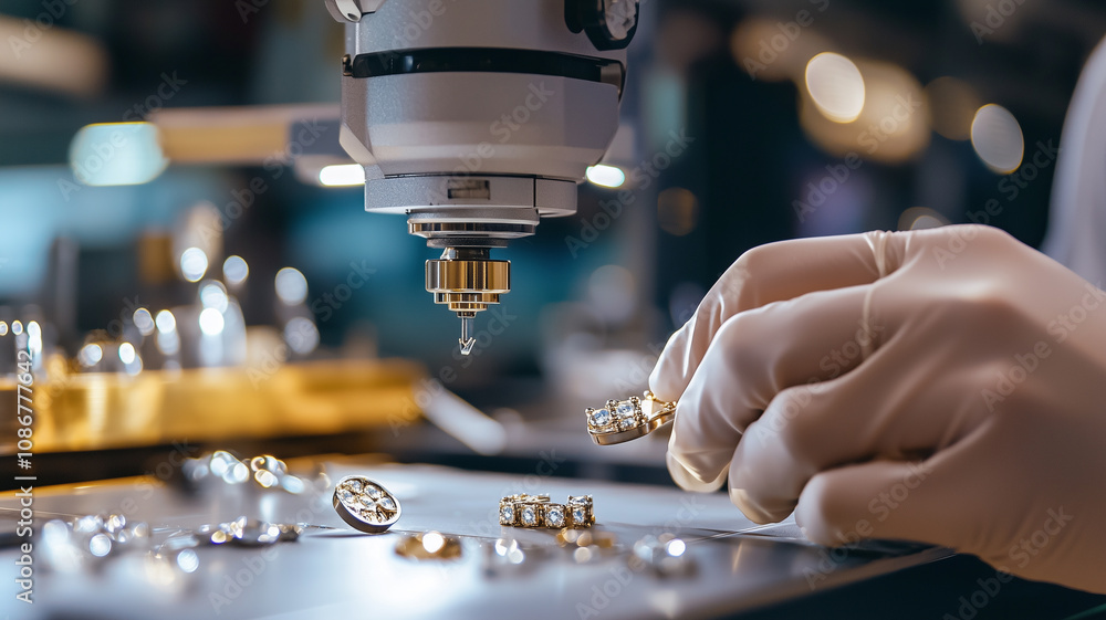 Poster robotic arm in high tech jewelry workshop precisely crafts intricate pieces, showcasing advanced tec