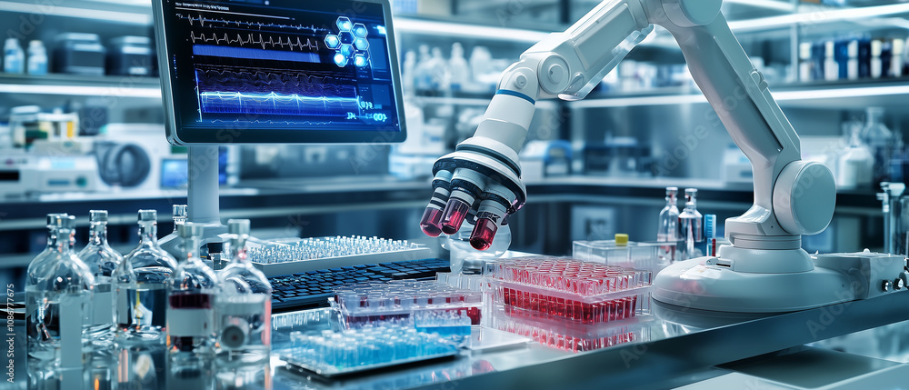 Poster robotic arm in high tech medical lab analyzes samples with precision, surrounded by advanced equipme