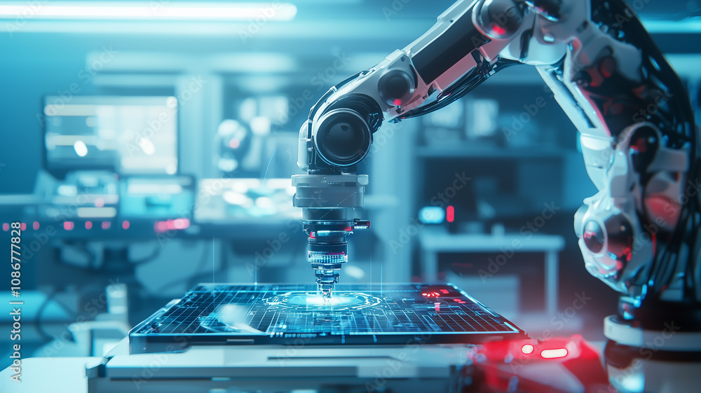 Aufkleber robotic arm in high tech research facility conducts precise experiments on digital interface, showcasing advanced technology and innovation in futuristic laboratory setting