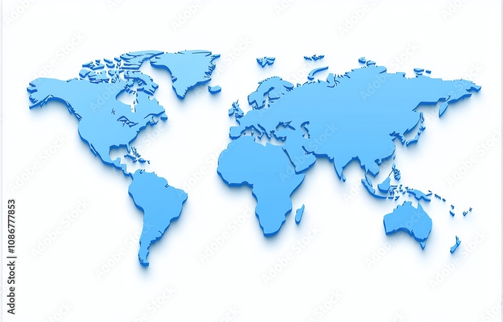 Poster detailed and artistic world map in soft blue color showing continents and oceans in clean design per