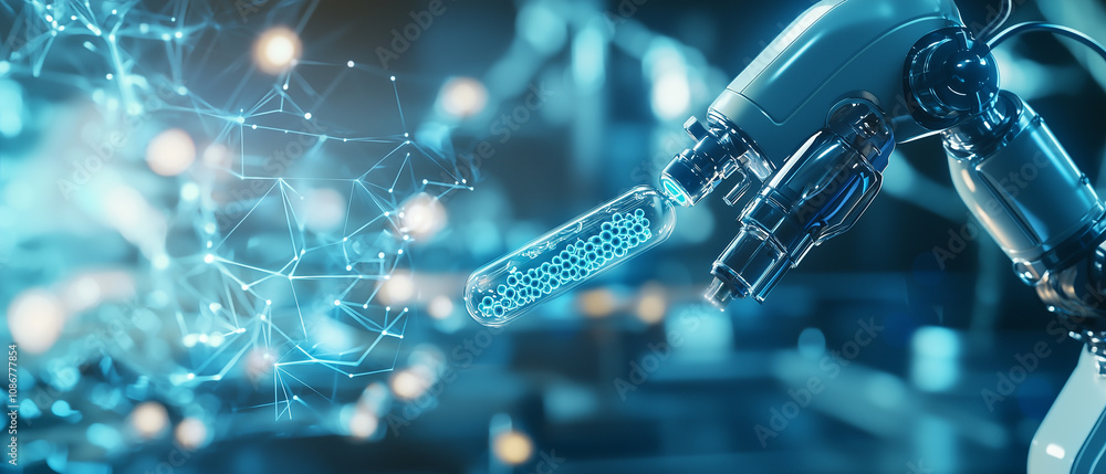 Poster robotic arm in high tech research facility synthesizes complex molecules, showcasing advanced techno