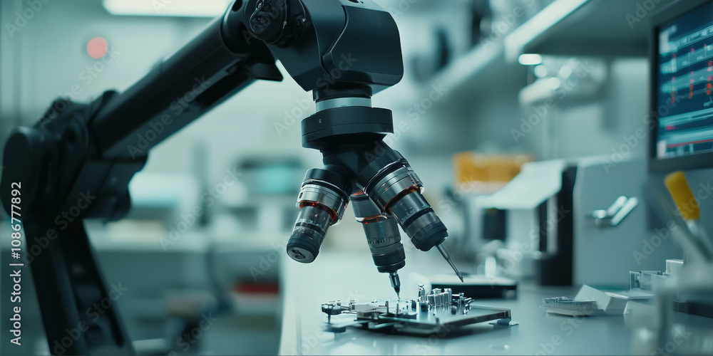 Poster robotic arm in high tech research facility is testing microchips with precision, showcasing advanced technology and innovation in laboratory setting